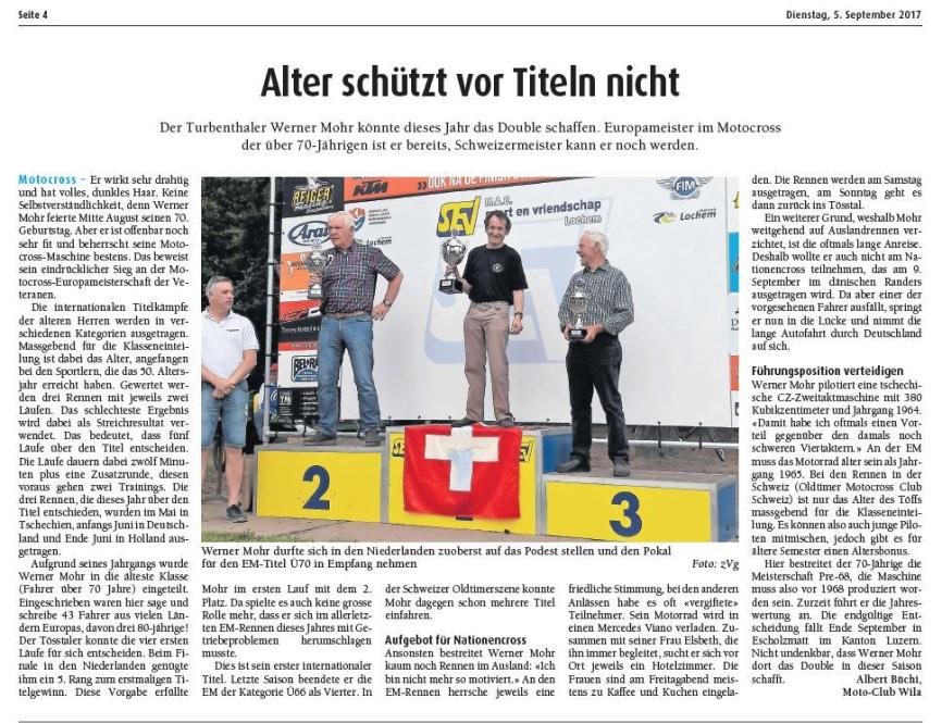Zeitungsbericht über Europameister Werner Mohr, der Artikel erschien im «Der Tössthaler», Saland
